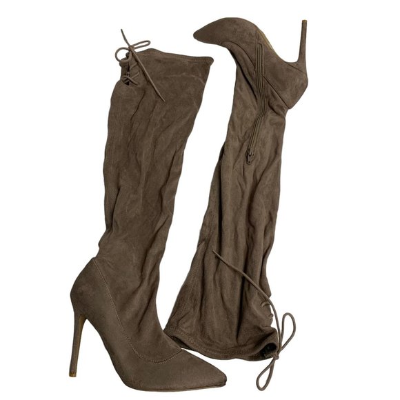 Anne Michelle Rise Up Knee High Boots 8.5 Mocha Brown Faux Suede Stiletto Heel - Picture 1 of 6